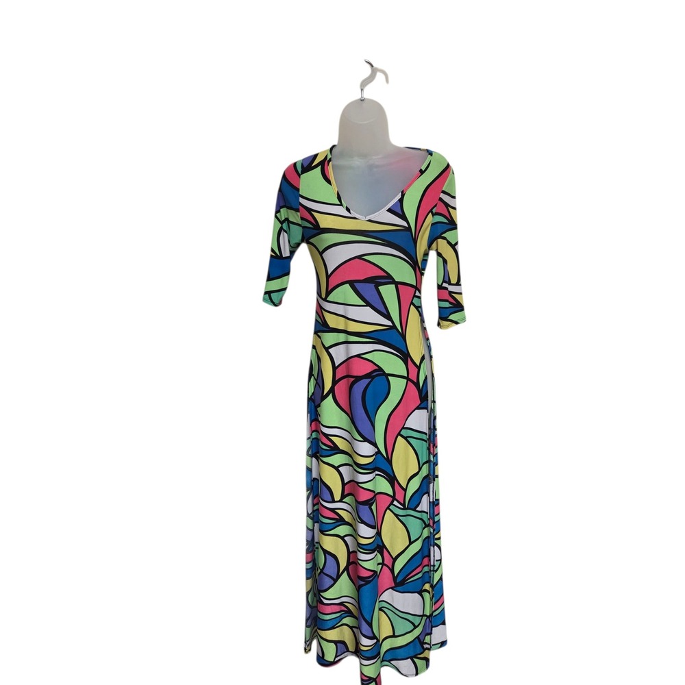 Vintage 90s Cleo Abstract Print Maxi Dress V-Neck Stretch Bodycon Colorful Mod M